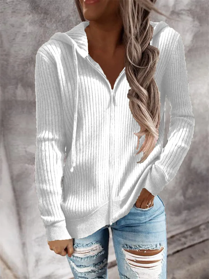 Casual Striped Loose Knit Zipper Hooded Sweater