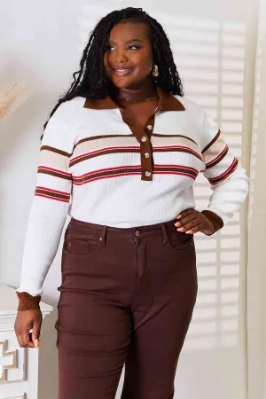 Connie Basic Bae Striped Collared Neck Rib-Knit Top