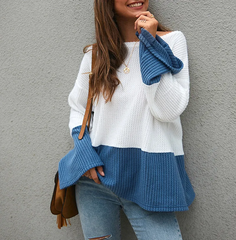 Contrast Stitching Long Sleeve Loose Knit Sweater