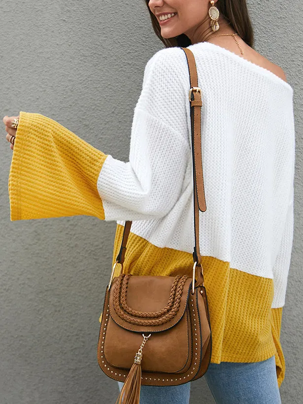 Contrast Stitching Long Sleeve Loose Knit Sweater