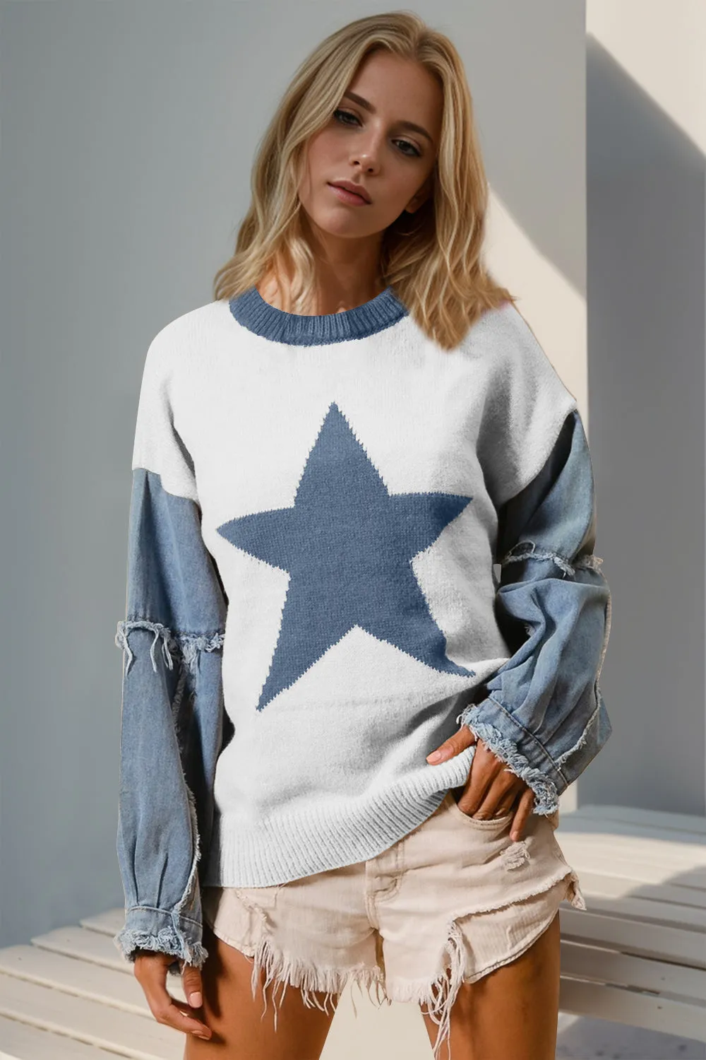 Everly Double Take Full Size Star Pattern Raw Edge Long Sleeve Sweater