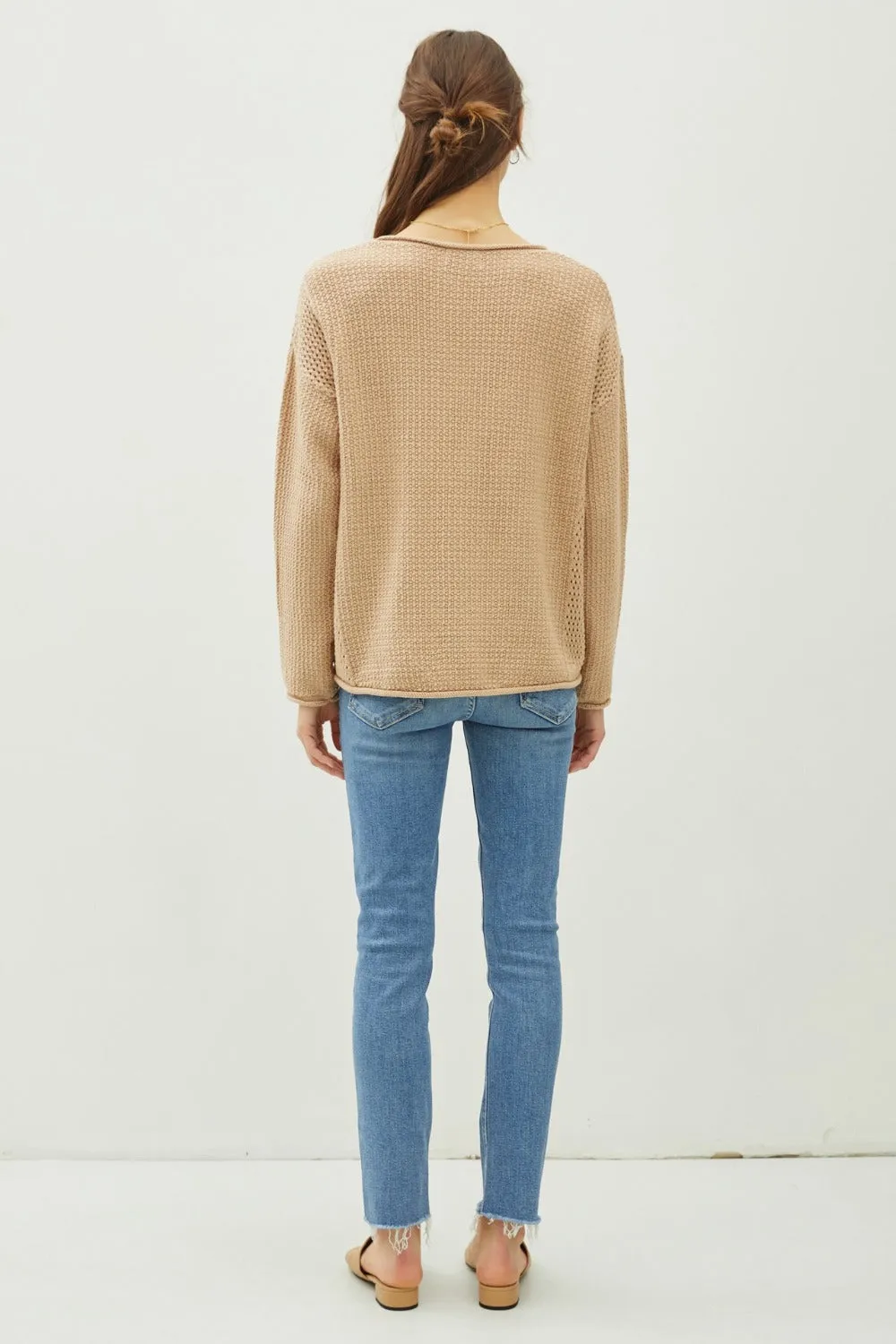 Hazel Blues® |  Be Cool Rolled Openwork Round Neck Sweater
