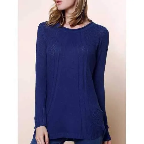 Ladies Loose Long Sleeve Knit Pullover Cardigan Tops Sweater - Deep Blue One Size