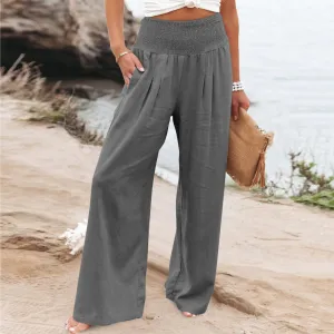 New Women Summer High Waisted Cotton Linen Palazzo Pants Solid Color Wide Leg Long Lounge Pant Trousers with Pocket Dark Grey, Sz L