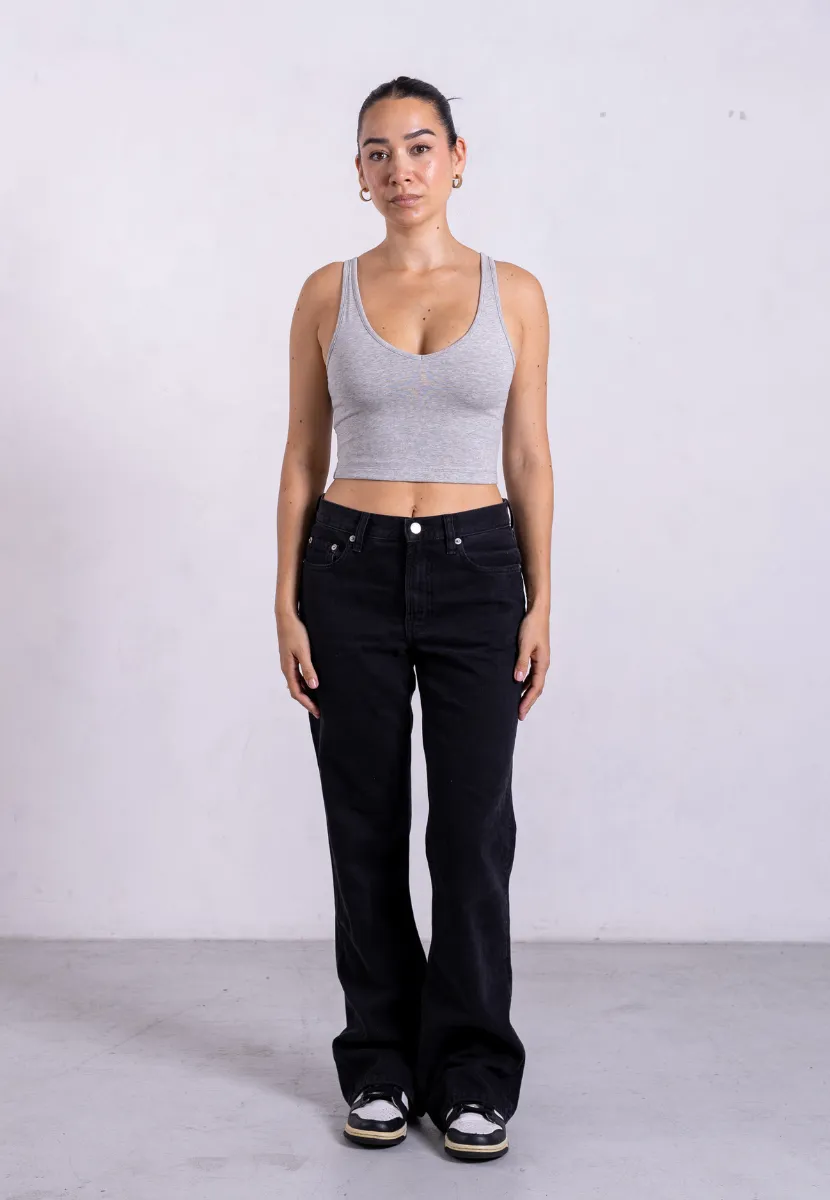 Organic Cotton V-Neck Cropped Tank Top, Light Grey Marl