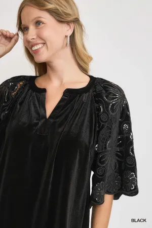Schwartz Split Neck Velvet Top - Black