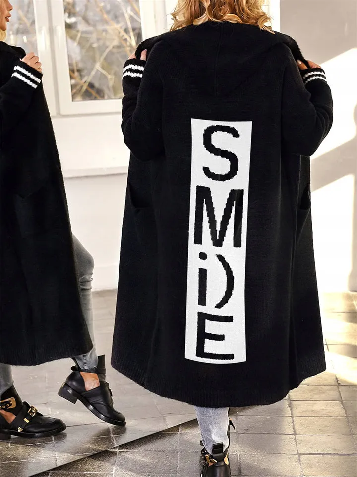 Women's "Smile" Print Loose Fit Sweater with Hood